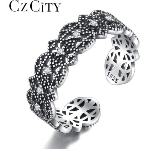 CZCITY Exquisite Authentic 925 Sterling Silver Vintage Open Rings for Women Petite Zirconia Adjustable Ring Luxury Fine Jewelry