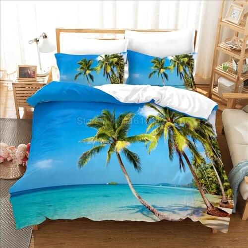 Blue Sea Sandy Beach Bedding Set Single Twin Full Queen King Size Seaside Coconut Tree Sun Bed Set Children Bedroom Duvet Cover