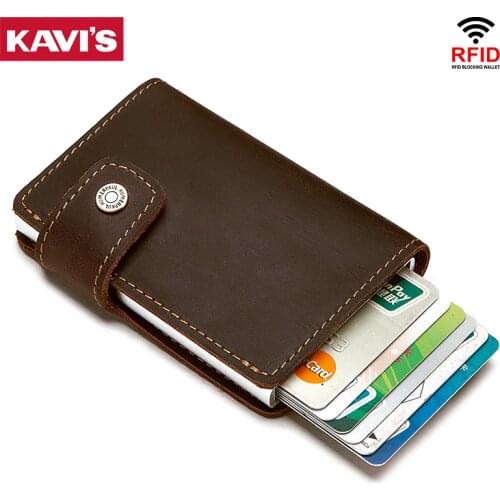 KAVIS Genuine Leather Automatic Crazy Horse Card Holder ID Aluminum Men Alloy Anti-Degaussing Wallet Coin Purse Slim Small Mini