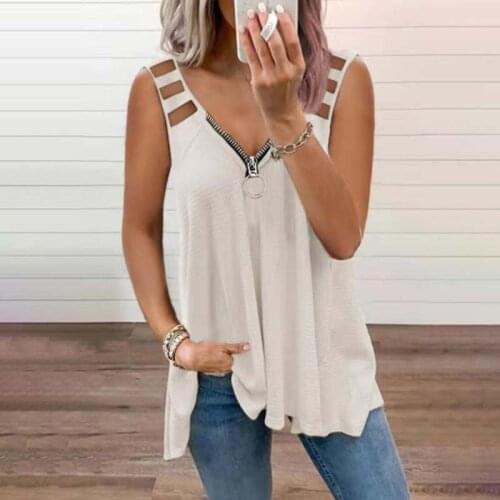 Summer V Neck Solid Color Sleeveless Vest T Shirt Women Casual Loose Hollow Shoulder Strap Fashion Streetwear Tops Tee Shirts