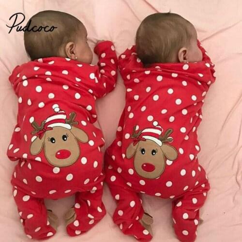 Newborn Baby Xmas Long Sleeve Deer Dot Printed Romper Girl Boy Christmas Jumpsuits One Piece Pajamas Costumes 0-18M
