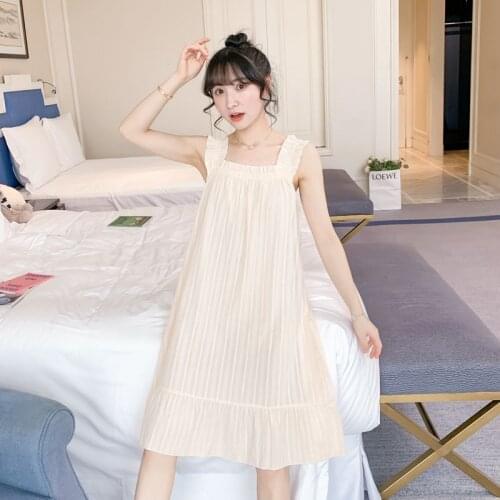 Pure Color Sling Nightdress Womens Summer Fresh Sweet Thin Simple Sexy Nightgown Woven Cotton Dress Female Sleepwear Nightwear
