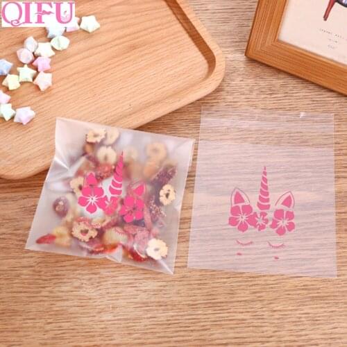 QIFU 100pcs Custom Plastic Transparent Unicorn Cookie Candy Bags For Unicorn Party Kids Favors Gifts Boxes Biscuit Baking Bags