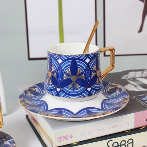 Blue Elegant Bone China Golden European British Coffee Cup with Dish