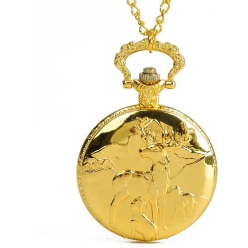 Stylish Gold Three-head Deer Retro Glossy Two-sided Steampunk Quartz Pocket Watch As A Unisex Gift