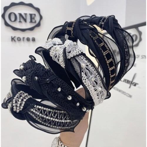 Rhinestone Lace Knotted Headbands Fashion Hair Accessories Women Hollow Pearl Lace Broad Side Hairband Wild Hair Band Headwear