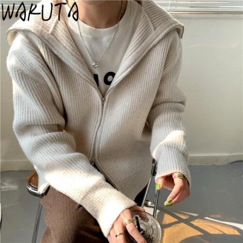WAKUTA Outerwear Thicken Knitted Cardigans Women 3 Colors Casual Sweater Coats Autumn Winter 2021 Fashion Knitting Zipper Jacket