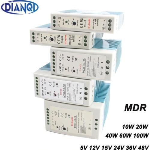 High quality din rail power supply switch 10W 20W 40W 60W 100W output 5V 12V 15V 24V 36V 48V DIANQI Switching MDR-60 MDR-40