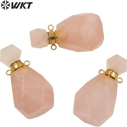 WT-P1628 Luxury Pink Crystal Quartz Pendant Faceted Water Drop Perfume Bottle Pendant For Necklace Essential Oil Pendant
