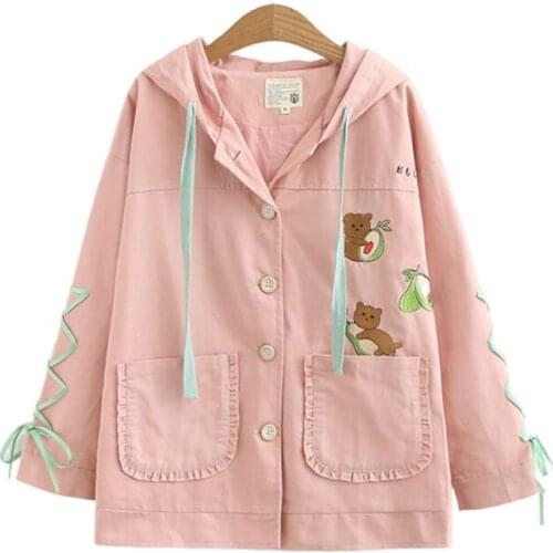 XUANHAO Women Cartoon Bear Embroidery Basic Jacket 2020 Winter Long Sleeve Lace Up Hooded Jacket Single Breasted Outerwear