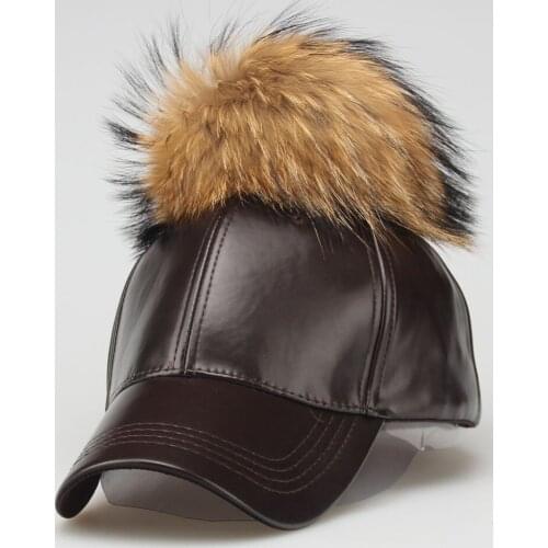 2020 Winter New Real Fur Pom Pom for women autumn Candy Color PU Leather Baseball Cap with Big Raccoon Fur Pom Poms girls Cap