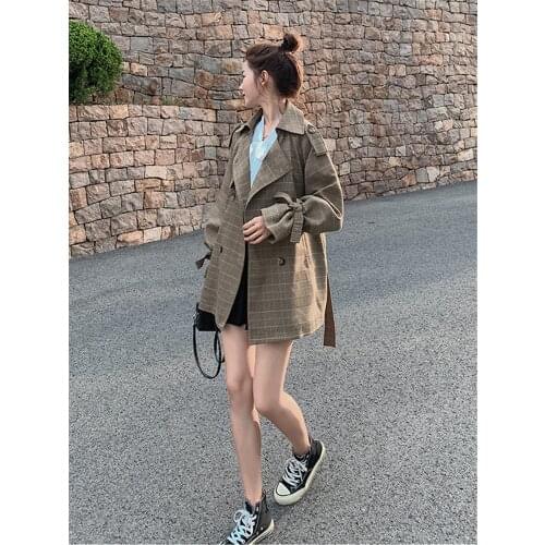 Womens Windbreaker Spring Autumn New Fashion Loose Lattice High-quality Double-breasted Lace-up Long-sleeved Feminine Coat M092