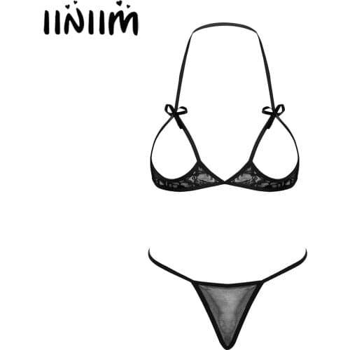 Womens Ladies Hot Sissy Exotic Sets Lace Bowknot Apparel Lingerie Suit Bikini Nightwear Open Cup Bra with T-Back G-string Briefs