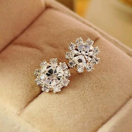 Center Great Round Rhinestone Shiny Crystal Petals Sun Flower Stud Earrings for Women