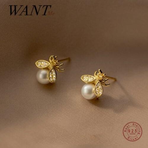 WANTME 925 Silver Cute Bee Pearl Stud Earrings for Women Fashion Korean Genuine 925 Sterling Silver Wedding Insect Jewelry Gift
