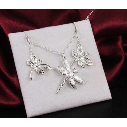 Luxury 925 sterling Silver Crystal dragonfly pendant necklace earrings for Women gifts fashion Party wedding Jewelry sets