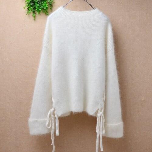 Ladies women fashion elegant angora rabbit hair knitwear long sleeves loose white pullover outwear winter jumper sweater pull