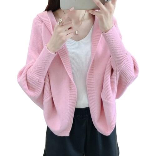 Spring Autumn knitted Sweater Women Cardigan Bat sleeve Sweaters Short Tops Plus size Harajuku Knitwear Hooded Pink Ladies Coat