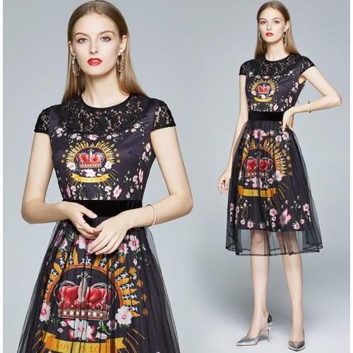 2020 Summer Runway Flower Dress Women Velvet Lace Neck Short Sleeve Patchwork Tulle Party Dresses Floral Print Mini Dress Female