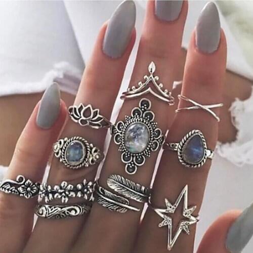 11P/Bag Ancient Gem Rings Set Womens Alloy Hexagon Water Drop Crown 6-Pointed Star Bohemian Knuckle Fashion Jewelry Accessories