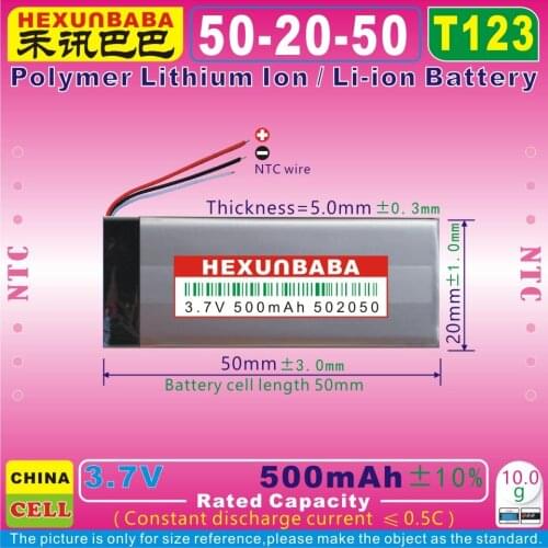 5pcs [T123] 3.7V 500mAh [502050] NTC, THREE 3 WIRE,Polymer lithium ion battery for bluetooth earphone,speaker,record pen,mp3,mp4