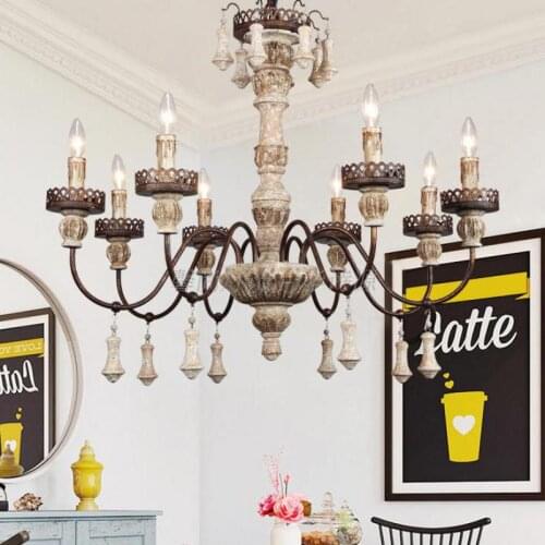 American Vintage Solid Wood Chandelier for Home Bar Wedding Deco wood Hanging Lighting Bedroom Living Room Led metal Chandeliers