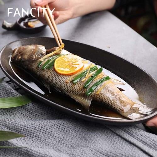 FANCITY Creative personality ceramic tableware oval fish plate steamed fish plate braised fish plate cooking plate large househo