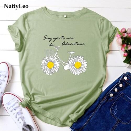 Women Fashion Tops Daisies Bicycle Print T-Shirt Women T Shirt O Neck Short Sleeve 100%Cotton Summer Plus Size Women Mujer 5XL