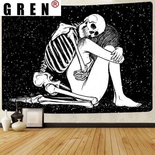 GREN Tapestry Abstrct The Kissing Lovers Black and White Skeleton Flower Art Wall Hanging Tapestries for Living Room Home Decor