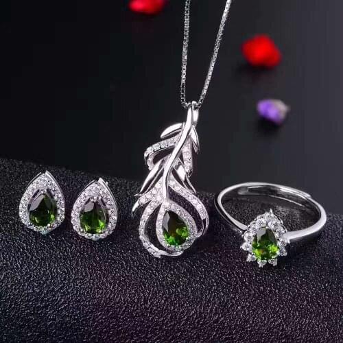 Natural green diopside Ring Pendant Earrings Natural Gemstone Jewelry Set 925 Silver Water droplets Women party Necklace ring
