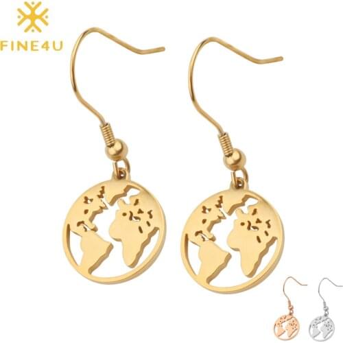 FINE4U E073 Round World Map Dangle Earrings Stainless Steel Korea Drop Earrings Globe Earth Wedding Party Jewelry