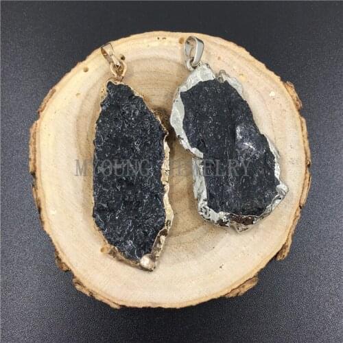 MY0799 Freeform Black Crystal Quartz Slice Pendant,Raw Quartz Druzy Slice Pendant,Gold or Silver Color Plated Edge Pendant