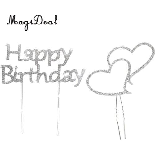 MagiDeal Happy Birthday +Double Heart Rhinestone Cake Topper Cake Centerpieces Cake Decoration Photo Prop