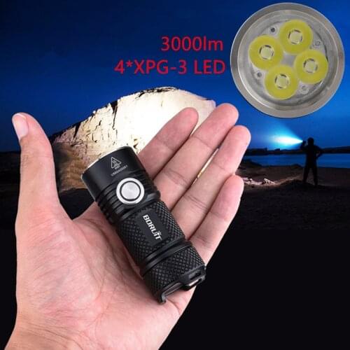 BORUiT BC15 4*XPG3 3000LM Powerful LED Flashlight USB Rechargeable 26350 6-Mode Super Bright Torch for Camping Mountaineering