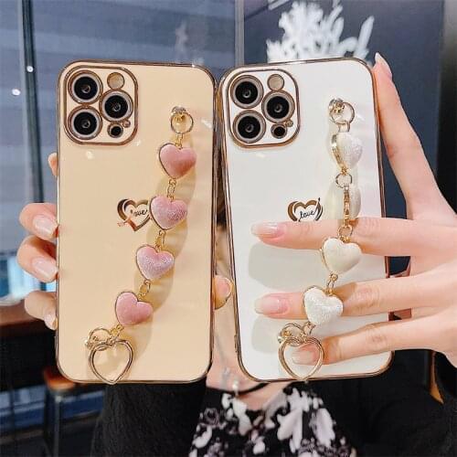 Moskado Candy Color Electroplate Side Love Heart Wrist Bracelet Soft Phone Case For iPhone 11 12 Pro Max X XS XR 7 8 Plus SE2020
