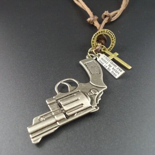2015 New Christmas Gift Genuine Leather Men Jewelry Accessories Pistol Pendant Vintage Men Necklaces