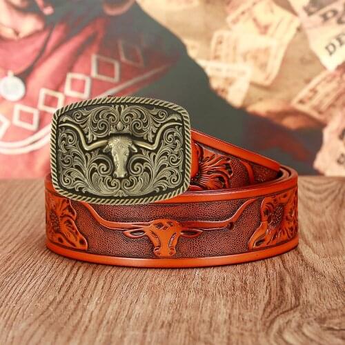 Western cowboy mens leather retro bull head pattern belt
