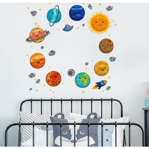 Solar System Planet Cartoon Wall Stickers Set Childrens Room Decoration Nursery Kids Bedroom Pattern for Home Party Birthday