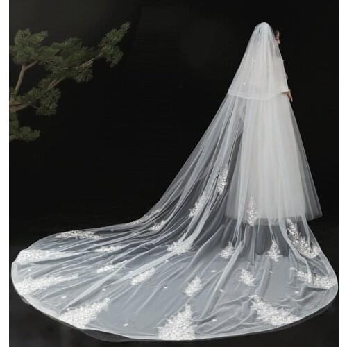 Real Photo Long Wedding Veils With Lace Applique Edge Long Cathedral Veil Bridal Veil 2 Layers Tulle Custom Made Bridal Veils