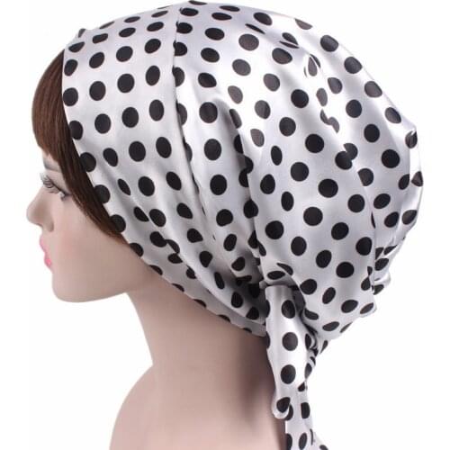 New Soft Women Satin Print Ribbon Bow Turban Cap Sleeping Shower Towel Cap Silk Long Hair Care Bonnet Headwrap Hat Accessories