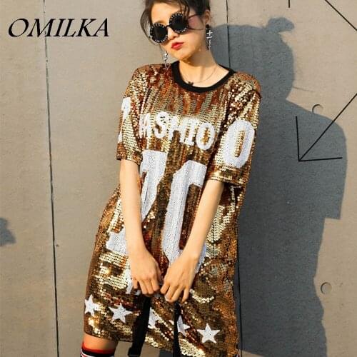 OMILKA 70 Letter Printed Sequin Hip Hop T Shirt 2019 Summer Women Half Sleeve O Neck Shiny Bling Stage Club Party Tops Tees