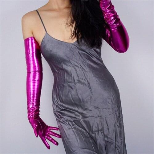 2020 New Patent Leather Extra Long Gloves 70cm Long Style Emulation Leather Elastic Mirror Bright Leather Rose Red Female PU66