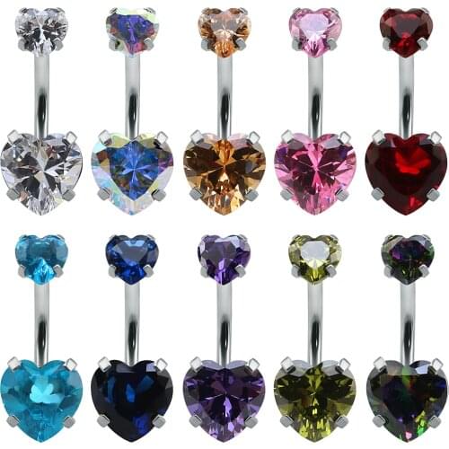 Heart Crystal Belly Button Rings 14G Belly Bar Navel Piercing Jewelry Hot Summer Women Jewelry CZ Navel Piercing Belly Nombril