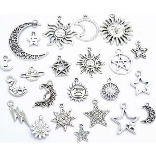46pcs/lot Mixed 23 Styles Vintage Silver Zinc Alloy Star Moon Sun Charms Pendant For Jewelry Finding