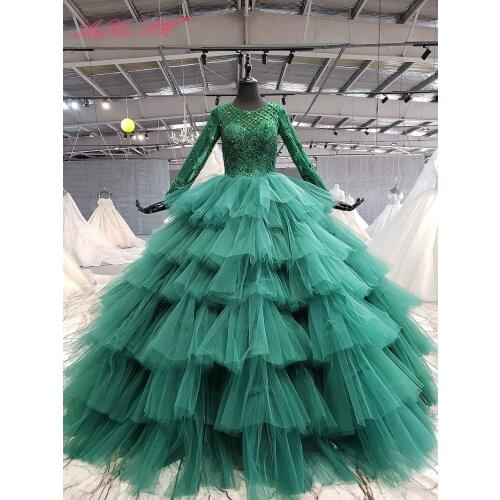 AnXin SH Luxury princess flower green lace beading crystal illusion ruffles o neck long sleeve wedding dress 100% real photo