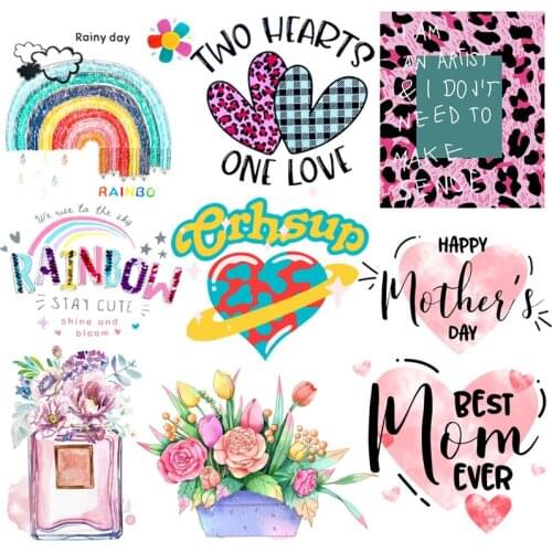 Prajna Cartoon Rainbow Applique Iron-On Transfers For Clothing Sticker Flower Heart Thermal Heat Transfer For Kids Clothes Print