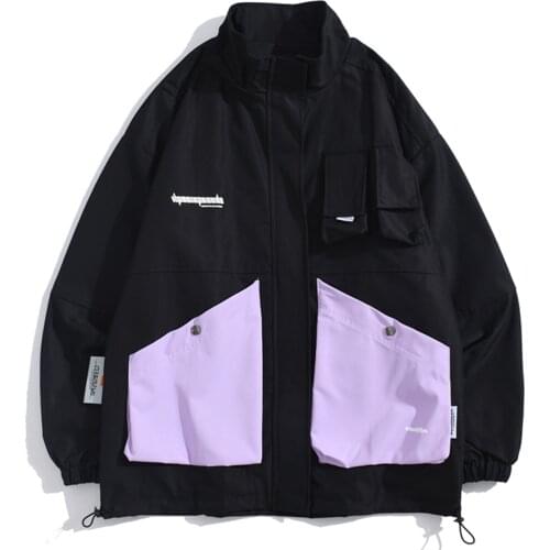 Creative Pockets Patchwork Cargo Jackets Men Color Block Hip Hop Jacket Coats Streetwear Harajuku Track Windbreaker 2021