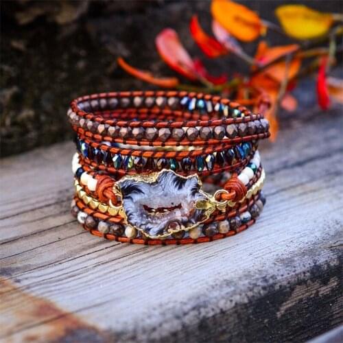 Boho Vintage Bracelet Natural Stone Handmade Bracelet 5 Wrap Leather Bracelet