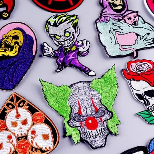 Joker/Skeleton Punk Embroidered Patches For Clothing Patch Iron On Patches On Clothes Skull Stripe Patch Applique Sticker Jacket