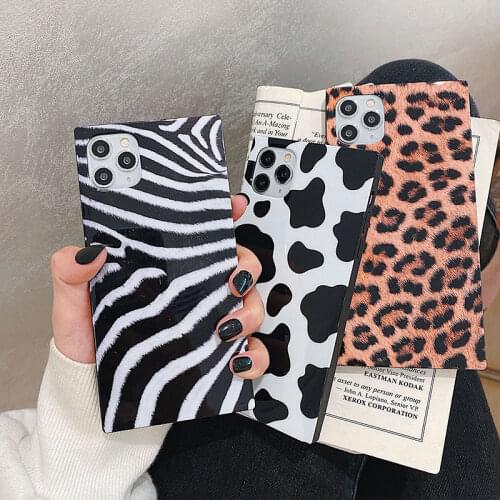Square Leopard Milk Zebra Texture Case For iPhone 11 12 Mini Pro XS Max 7 8 Plus XR X SE 2020 Purple Laser Glitter Phone Cases